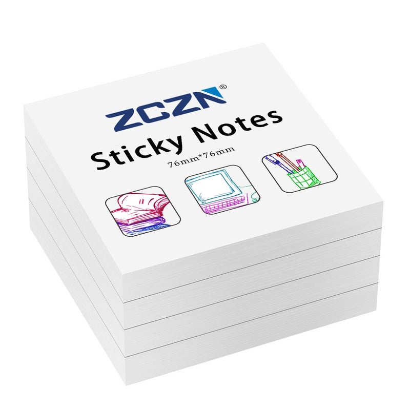 ZCZN White Sticky Notes,3 x 3 in,100 Sheets/Pad,4 Pads/Pack - Image 1